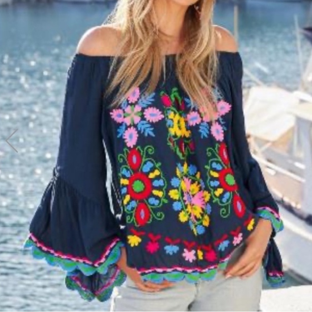 Rubyyaya Floral Embroidered Off The Shoulder Top Navy Blue Large
